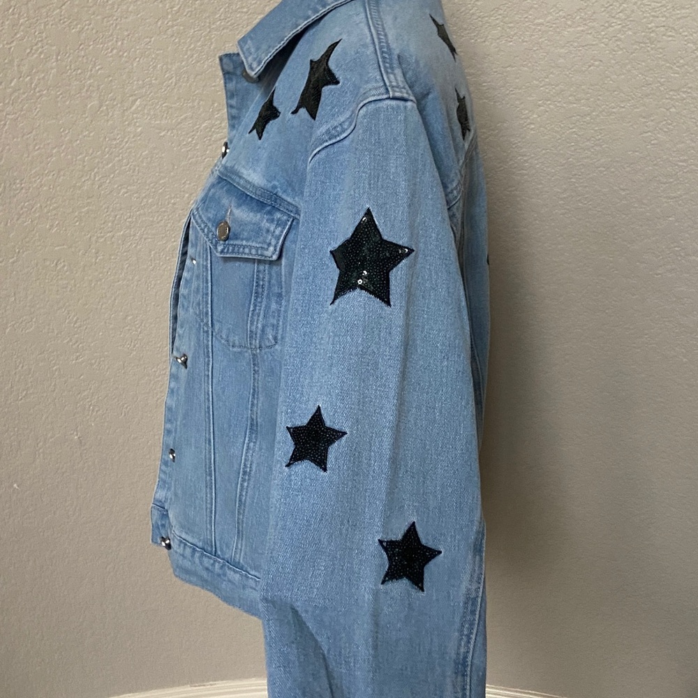 Sale! Nasty Gal Blue Denim Jacket with Black Sequin Stars. US Size 6 - Picture 5 of 17